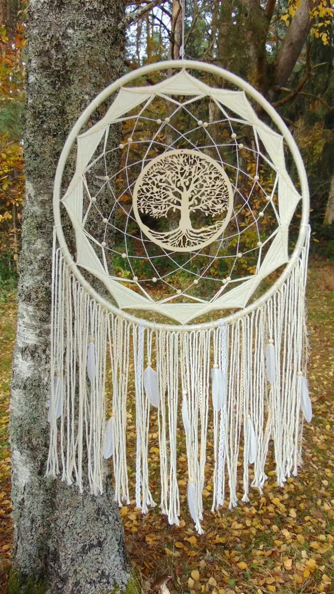 Attrape-rêves Géant Blanc avec Arbre de vie en bois