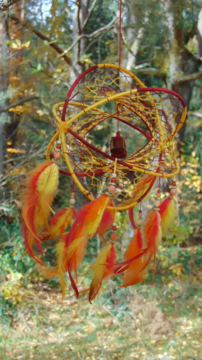 Attrape-rêves 3D aux couleurs du feu – Œil du Tigre brut, Agate & Cornaline