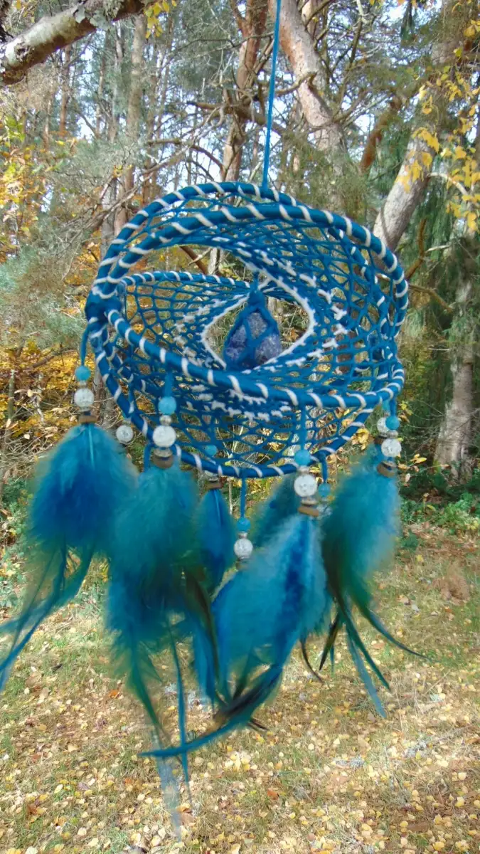 Attrape-rêves 3D bleu & blanc – Sodalite, Amazonite & Cristal de Roche