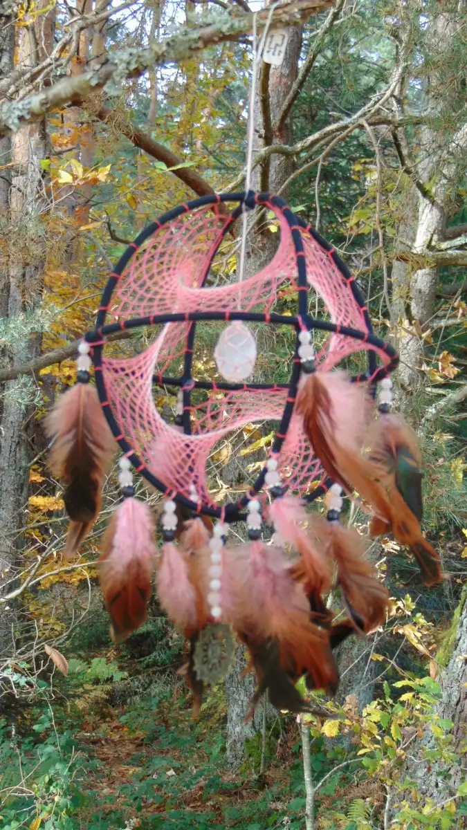 Grand Attrape-rêves 3D rose & noir - Sélénite, Pierre de lune & Quartz