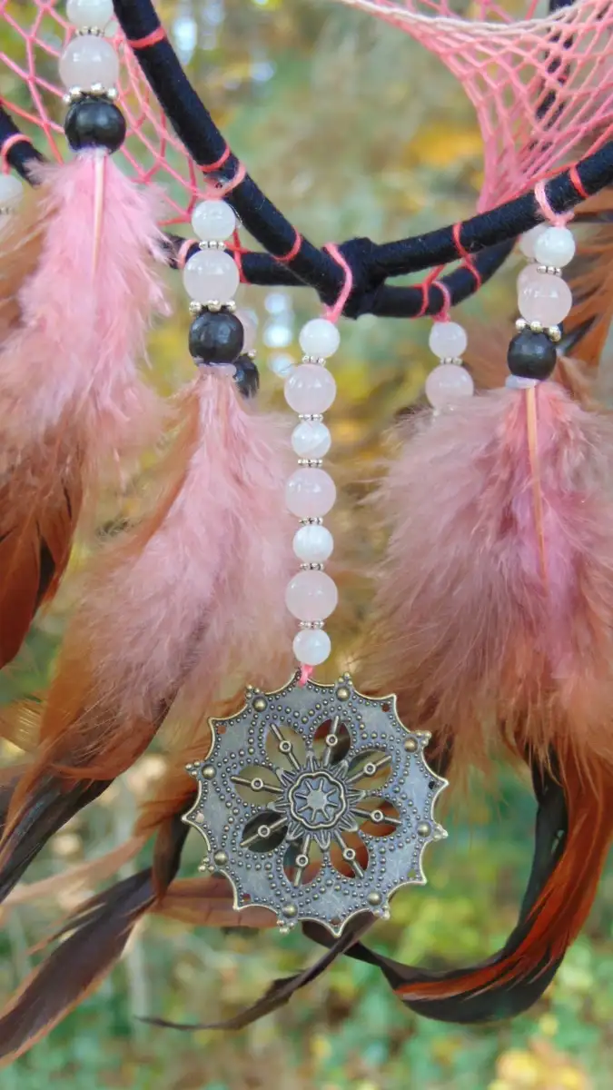 Grand Attrape-rêves 3D rose & noir - Sélénite, Pierre de lune & Quartz