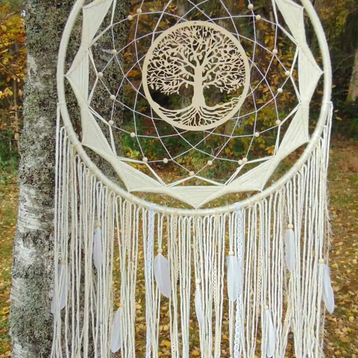 Attrape-rêves Géant Blanc avec Arbre de vie en bois