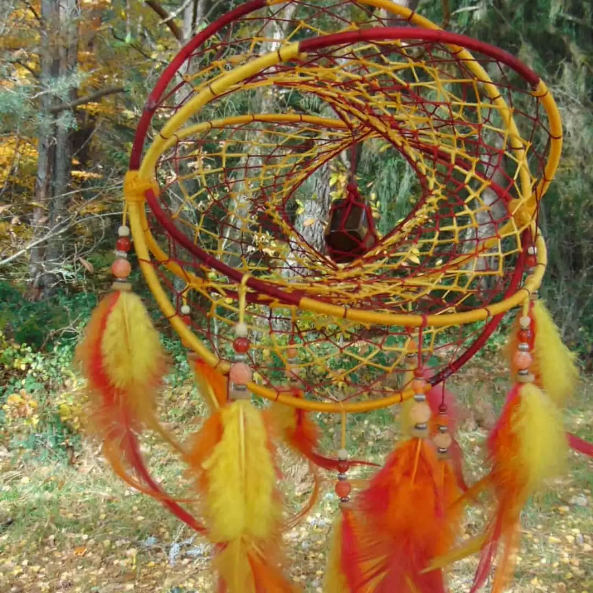 Attrape-rêves 3D aux couleurs du feu – Œil du Tigre brut, Agate & Cornaline