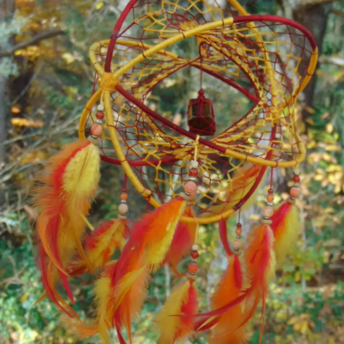 Attrape-rêves 3D aux couleurs du feu – Œil du Tigre brut, Agate & Cornaline