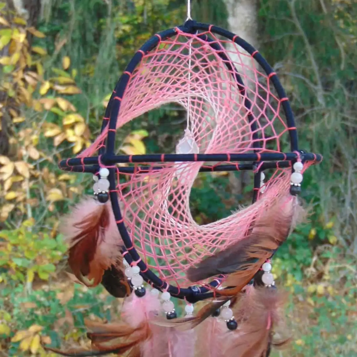 Grand Attrape-rêves 3D rose & noir - Sélénite, Pierre de lune & Quartz